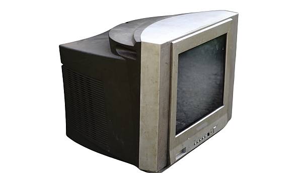 Old vintage CRT television with a blank screen and built-in speakers, isolated on a white background.