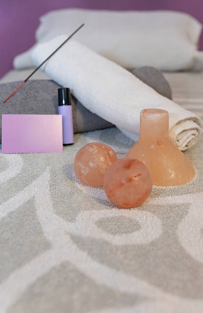 Spa accessories with salt stones and incense for relaxation