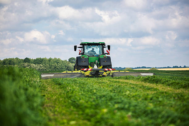 istock Green tractor with wide mower cuts low crops across open fields 2253617777