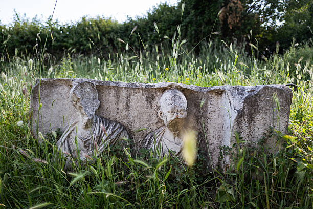 Weathered Roman stone relief with carved busts partially buried in tall grass along the Appian Way, showing erosion, age, and the integration of archaeological remains into the natural landscape.