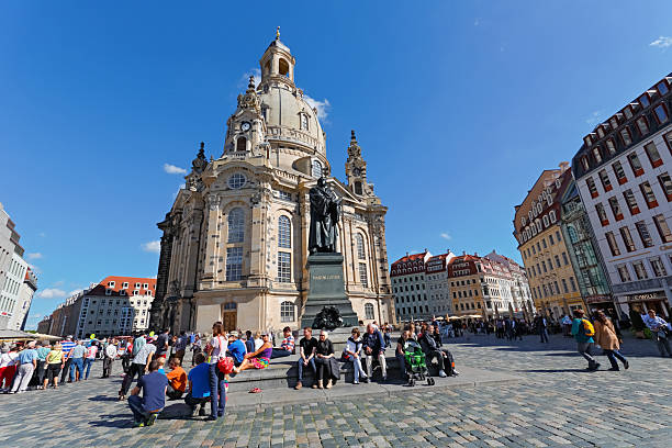 Dresden, Germany - September 19, 2015: The Church of Our Lady. This Lutheran Baroque church is located on Dresden's Neumarkt. It was seriously damaged by Allied bombing in 1945 and reconstructed from 1994 to 2005.