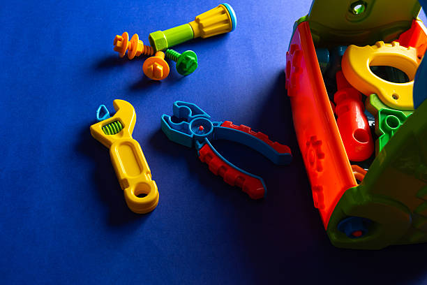istock Colorful toys on a blue background 2253631997