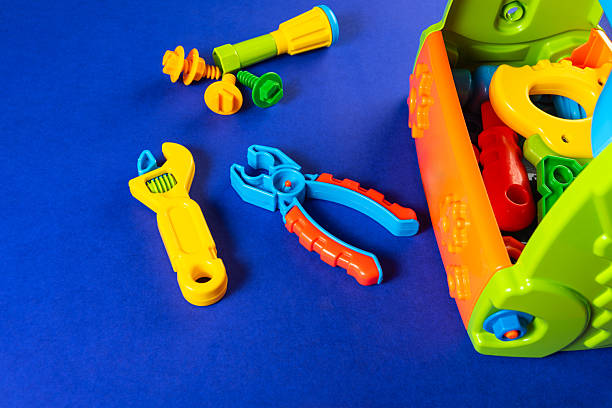 istock Colorful toys on a blue background 2253632199