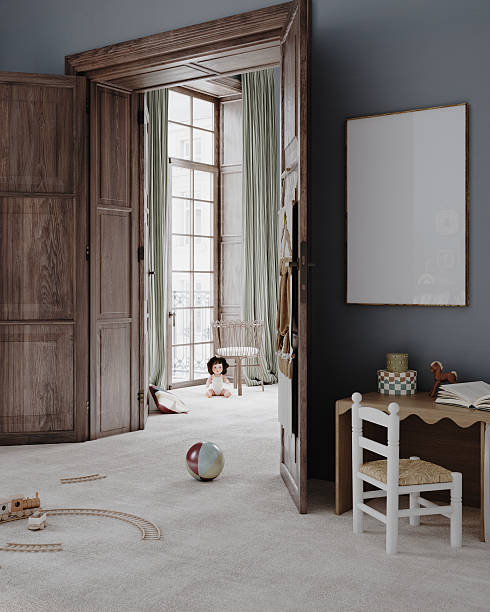 Frame mockup in vintage whimsical nursery, 3d render