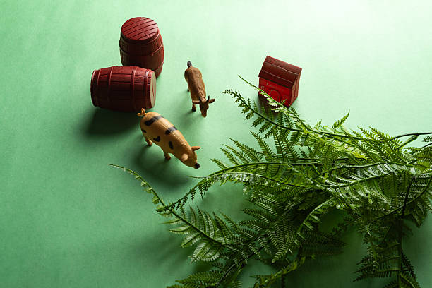 Miniature cats surrounded and trying to hunt a plastic toy rooster.