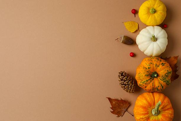 istock Beautiful autumn composition with pumpkins on color background, top view, spase for text 2253633696