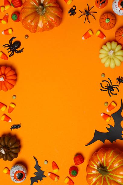 istock Different Halloween decorations including pumpkins, spiders, bats on color background 2253635387
