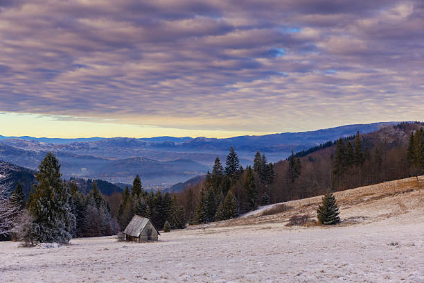 Secluded Winter Cabin in a Frosted Mountain Valley
