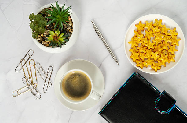 Morning Workspace Ambiance, Elegant Workspace With Coffee And Plants
