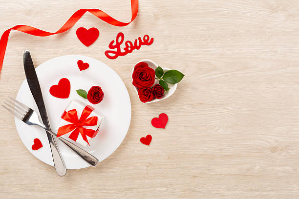 istock Festive table setting for Valentine's Day on wooden background, top view 2253640706