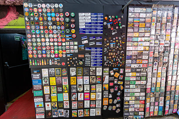 Sao Paulo, SP, Brazil - November 01 st, 2025: Refrigerator magnets with humorous phrases are for sale at the fair in Benedito Calixto Square.
