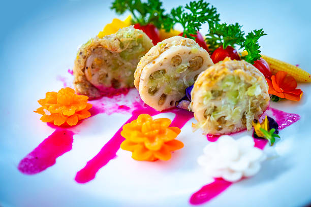 Vegetarian dish: Lotus root sticky rice, beautifully presented on the table. A favorite Vietnamese dish.