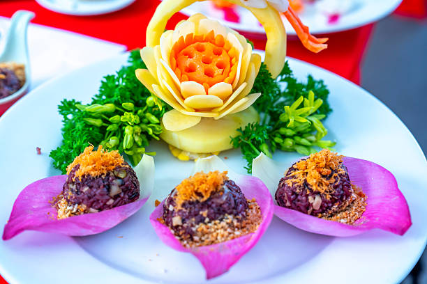 Vegetarian dish: Black Sticky Rice with various beans, skillfully arranged on the table. A favorite Vietnamese dish.