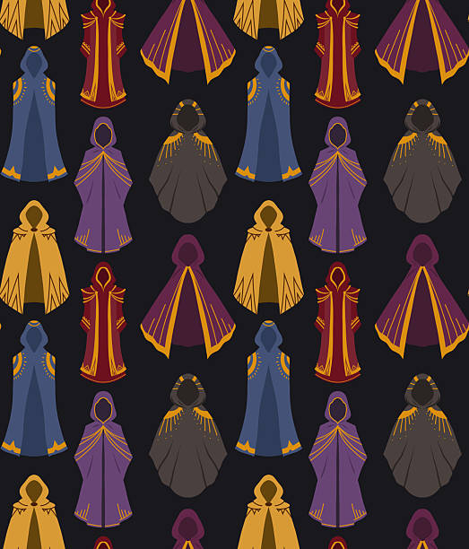 Vector seamless pattern with fantasy cloaks on dark background. Texture with sorcerer clothing for wrapping paper. Heroic wallpaper with images of wizard costumes