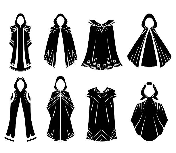 Vector monochrome set of fantasy cloaks in various styles. Collection of black silhouette wizard clothing for games and concept art. Clipart images of sorcerer costumes for stickers.