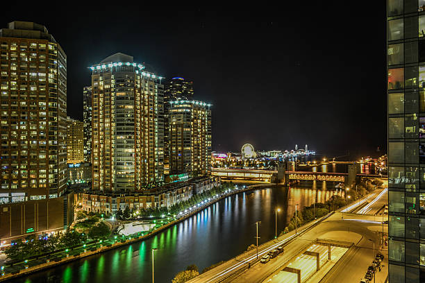 istock Chicago downtown and Chicago River with bridges at night. 2253662800