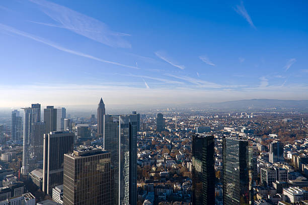 Aerial view from viewing platform of Main Tower platform with skyline and blue sky background on a sunny autumn day. Photo taken November 22nd, 2025, Frankfurt am Main, Germany.