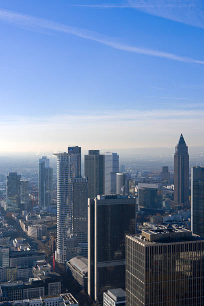 Aerial view from viewing platform of Main Tower platform with skyline and blue sky background on a sunny autumn day. Photo taken November 22nd, 2025, Frankfurt am Main, Germany.