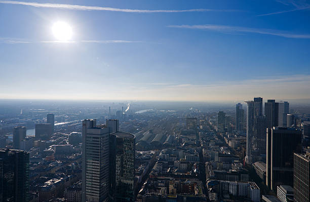 Looking down from viewing platform of Main Tower with skyline and blue sky background on a sunny autumn day. Photo taken November 22nd, 2025, Frankfurt am Main, Germany.