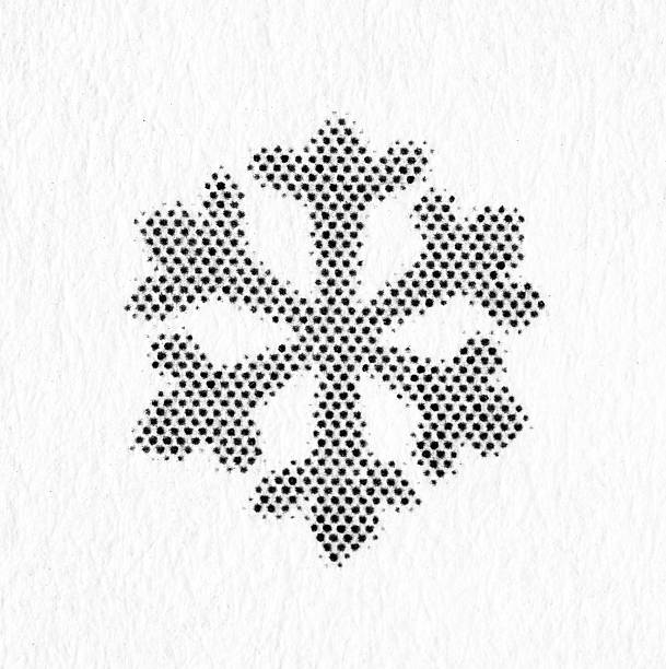 Bold six-point snowflake made from evenly spaced halftone dots, centered on white textured paper with soft ink edges