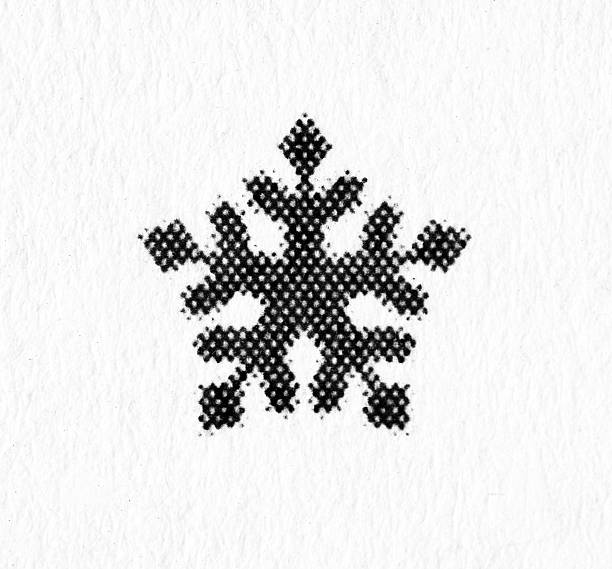 Minimal winter snowflake symbol rendered in black halftone dots on white textured paper, with soft ink bleed and vintage print look