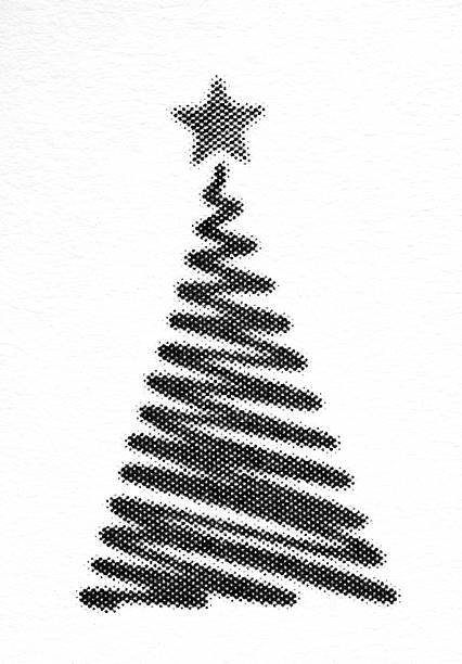 Minimal Christmas tree formed by sweeping spiral brush-like bands in black halftone dots, topped with a dotted five-point star. Vintage print texture on white paper background.