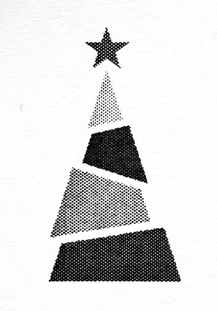 Abstract Christmas tree built from separated halftone trapezoid layers, topped with a dotted star. Black and gray ink on white textured paper with lots of clean copy space.