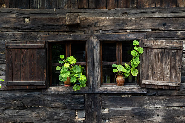 Old wooden house with flowers at the windows