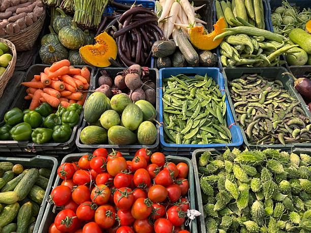 Variety of vegetables on market stall in Budapest, Hungary