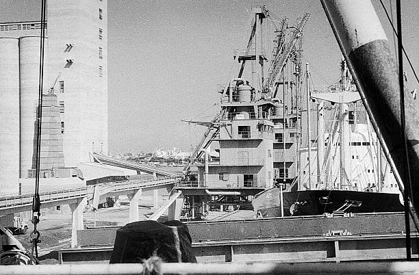Puerto Cabello, Venezuela, - circa 1975: soviet ship is standing in port waiting to be loaded