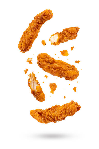 istock Fried chicken breast strips on white background. Isolated chicken crisps 2253696004