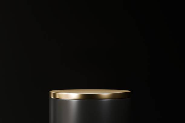 istock 3d Empty black gold podium stage background with geometric presentation platform luxury pedestal or golden product stand display and premium round cosmetic mockup advertising scene on dark. 3d render. 2253696479