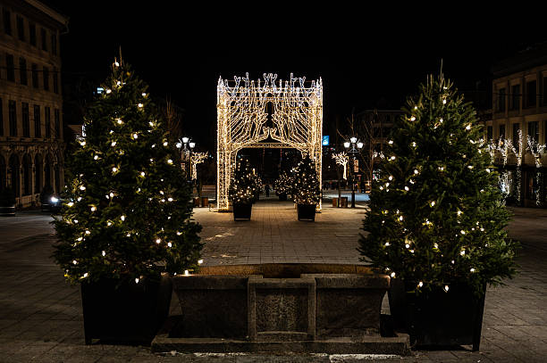 Christmas decorations and lights at  Montreal Jacques-Cartier Square during winter night