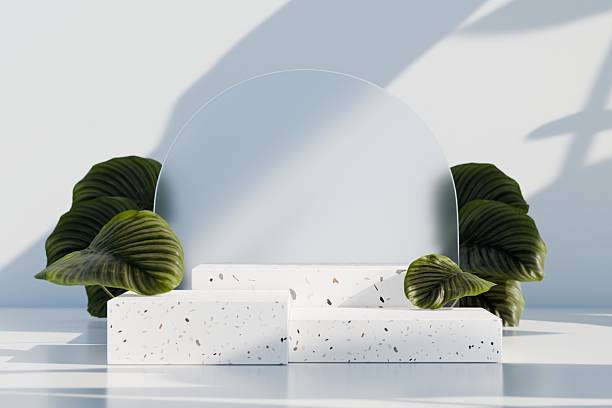 istock 3d Minimal terrazzo white podium display with leaf shadow for cosmetic product presentation, Modern terrazzo pedestal or platform background. Mockup scene with empty space for advertising. 3d render. 2253697804