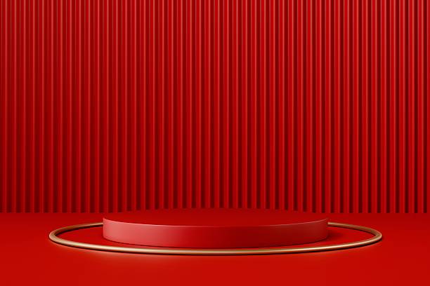 istock 3d red podium stage platform with copy space. modern minimal studio light advertising concept. clean branding scene for cosmetic perfume tech product display banner. 3d render. 2253698307