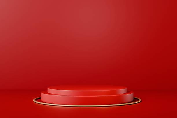 istock 3d red podium stage platform with copy space. modern minimal studio light advertising concept. clean branding scene for cosmetic perfume tech product display banner. 3d render. 2253698309
