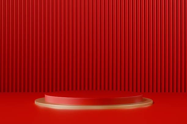 istock 3d red podium stage platform with copy space. modern minimal studio light advertising concept. clean branding scene for cosmetic perfume tech product display banner. 3d render. 2253698320