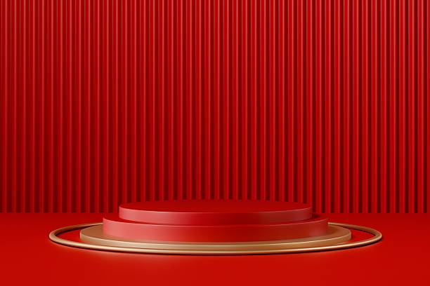 istock 3d red podium stage platform with copy space. modern minimal studio light advertising concept. clean branding scene for cosmetic perfume tech product display banner. 3d render. 2253698324