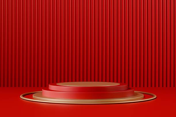 istock 3d red podium stage platform with copy space. modern minimal studio light advertising concept. clean branding scene for cosmetic perfume tech product display banner. 3d render. 2253698328