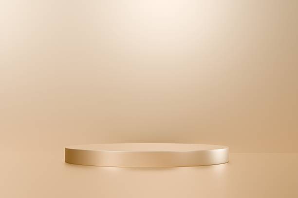 istock 3d gold podium round stage platform with copy space. soft studio light luxury concept. clean branding scene for cosmetic perfume jewelry product display ads. 3d render. 2253698438