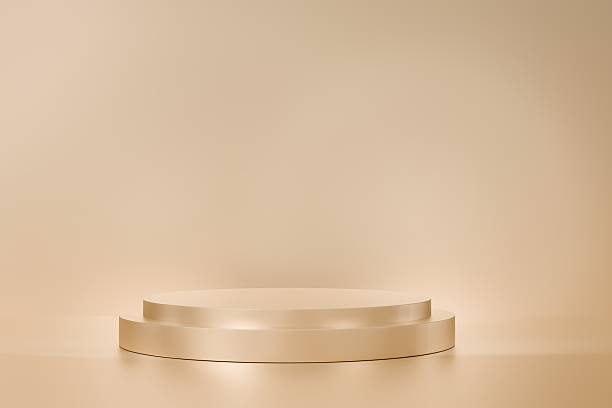 istock 3d gold podium round stage platform with copy space. soft studio light luxury concept. clean branding scene for cosmetic perfume jewelry product display ads. 3d render. 2253698440