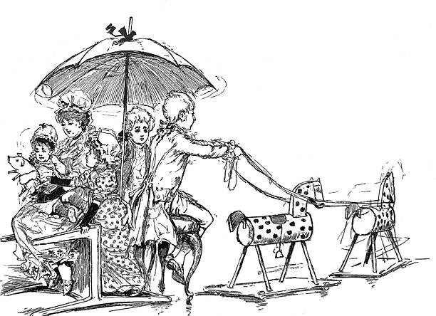 Antique illustration pre 1900 - family pretending they are on a sleigh ride being pulled by wooden horses