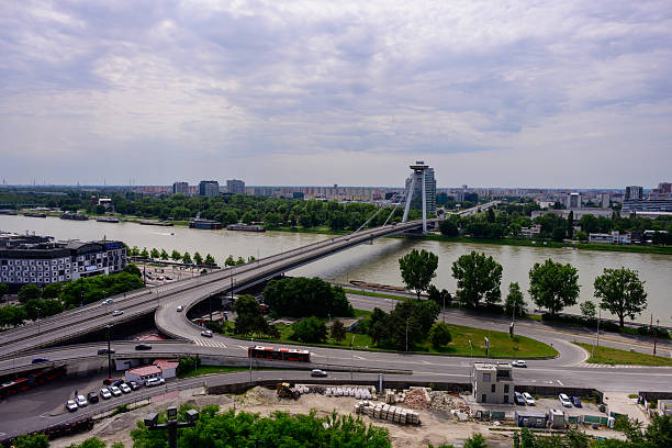 Bratislava, May 26 2024: Most SNP Danube Bridge of the Slovak National Uprising, also called UFO Bridge or New Bridge Novy Most.