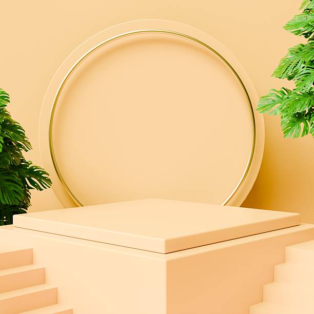 istock 3D Render Modern Minimal Mockup Yellow Podium Studio with Geometric Shapes, Neon Light and Monstera Plant Natural Concept. Platforms For Product Presentation. Yellow Abstract Background .3D Rendering. 2253704187