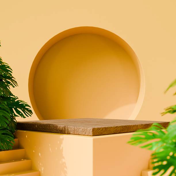 istock 3D Render Modern Minimal Mockup Yellow Podium Studio with Geometric Shapes, Neon Light and Monstera Plant Natural Concept. Platforms For Product Presentation. Yellow Abstract Background .3D Rendering. 2253704216