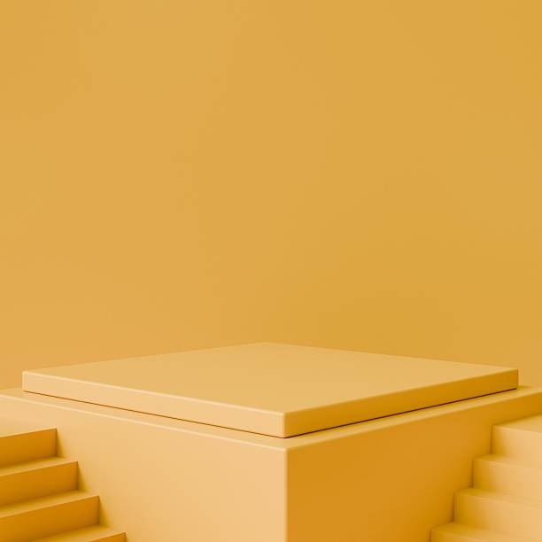 istock 3D Render yellow podium studio with geometric shapes. Platforms for product presentation, Abstract composition in minimal design. Minimal Modern Mockup Podium Display, Yellow Background .3d rendering. 2253704369
