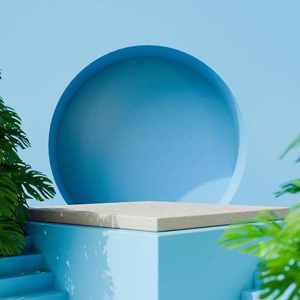 istock 3D Render blue podium studio with geometric shapes. Platforms for product presentation, Abstract composition in minimal design. Minimal Modern Mockup Podium Display, blue abstract Background.3d render 2253704417