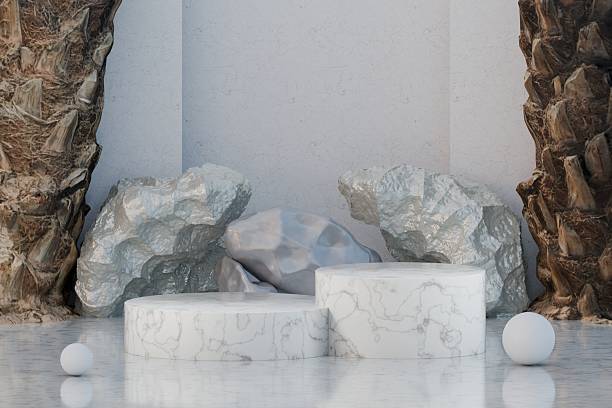 istock 3d Rendering Step Marble Concrete Display Podium, Leaf Palm and Rock Cement Wall. concept scene stage showcases Platforms for product presentation.display mockup product decoration stand. 3d rendering 2253704449