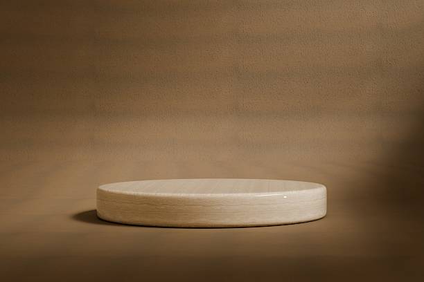 istock 3d rendering beige Wooden round product display podium background. abstract background for cosmetic advertising sale product. Organic cosmetic and food concept. 3d rendering. 2253705507