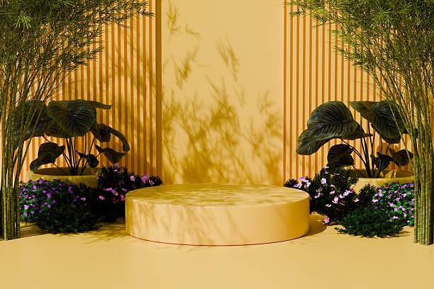 istock 3d rendering yellow round table product display podium background. abstract background with plant and shadow on the wall for cosmetic advertising sale product. Organic cosmetic and food concept. 2253705675